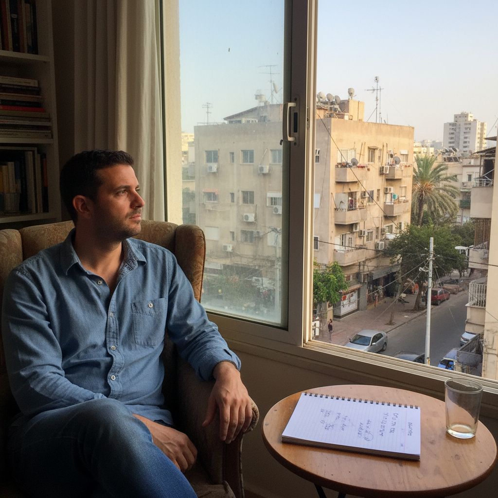 אדם יושב ליד חלון, מביט החוצה, מחברת וכוס לידו, רגע שקט של מחשבה