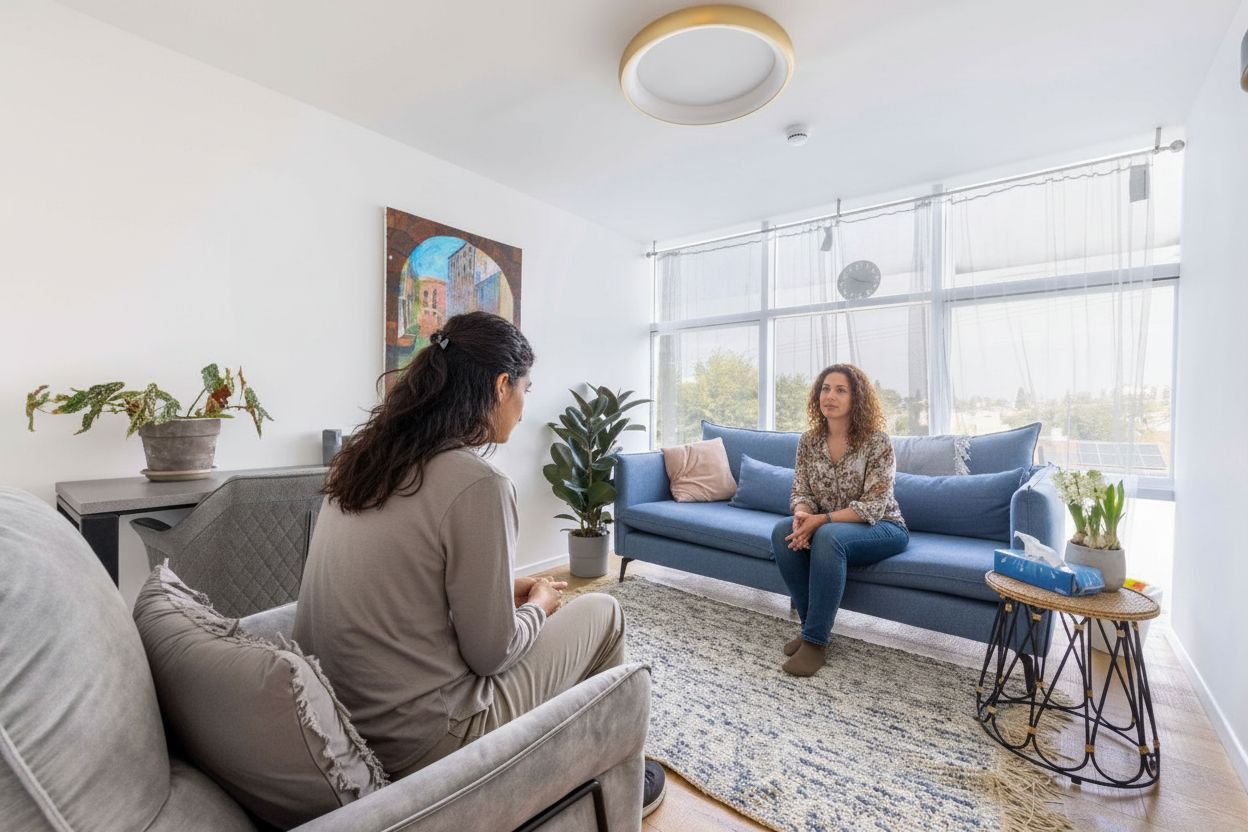אילוסטרציה: מטפלת יושבת מול מטופלת בקליניקה מוארת