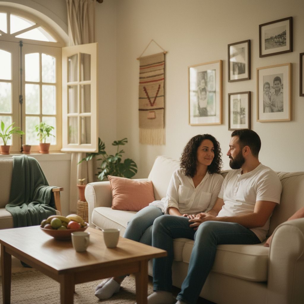 שני אנשים יושבים זה מול זה ליד חלון מואר באור בוקר רך, משוחחים בשקט. בחדר יש אווירה של פיוס והקשבה.