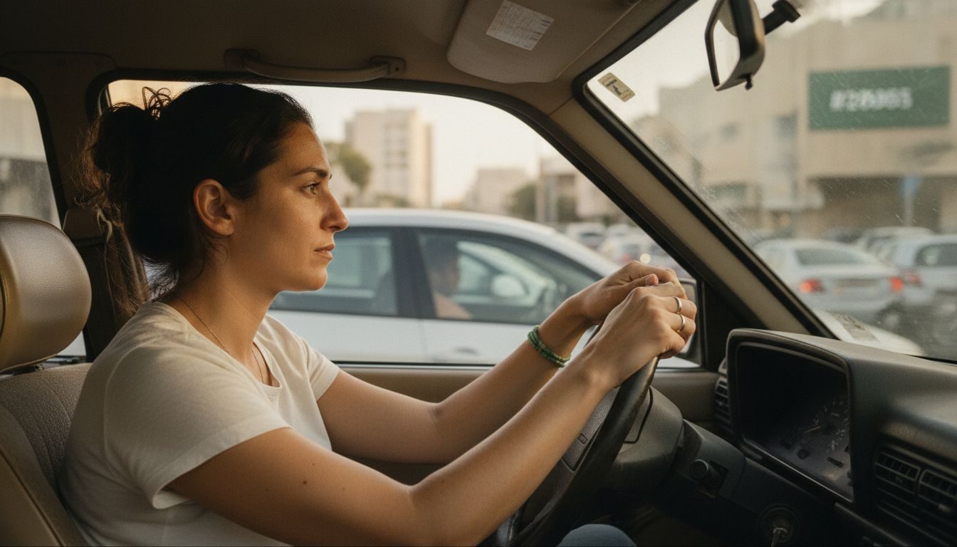 אדם יושב ברכב בפקק תנועה, ידיים על ההגה, מבט עייף מעט, אור אחר צהריים חם ורך נכנס דרך החלון.