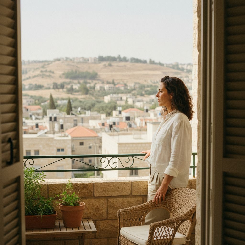 אדם עומד בביטחון ושלווה מול נוף פתוח הנשקף מחלון רחב או מרפסת.