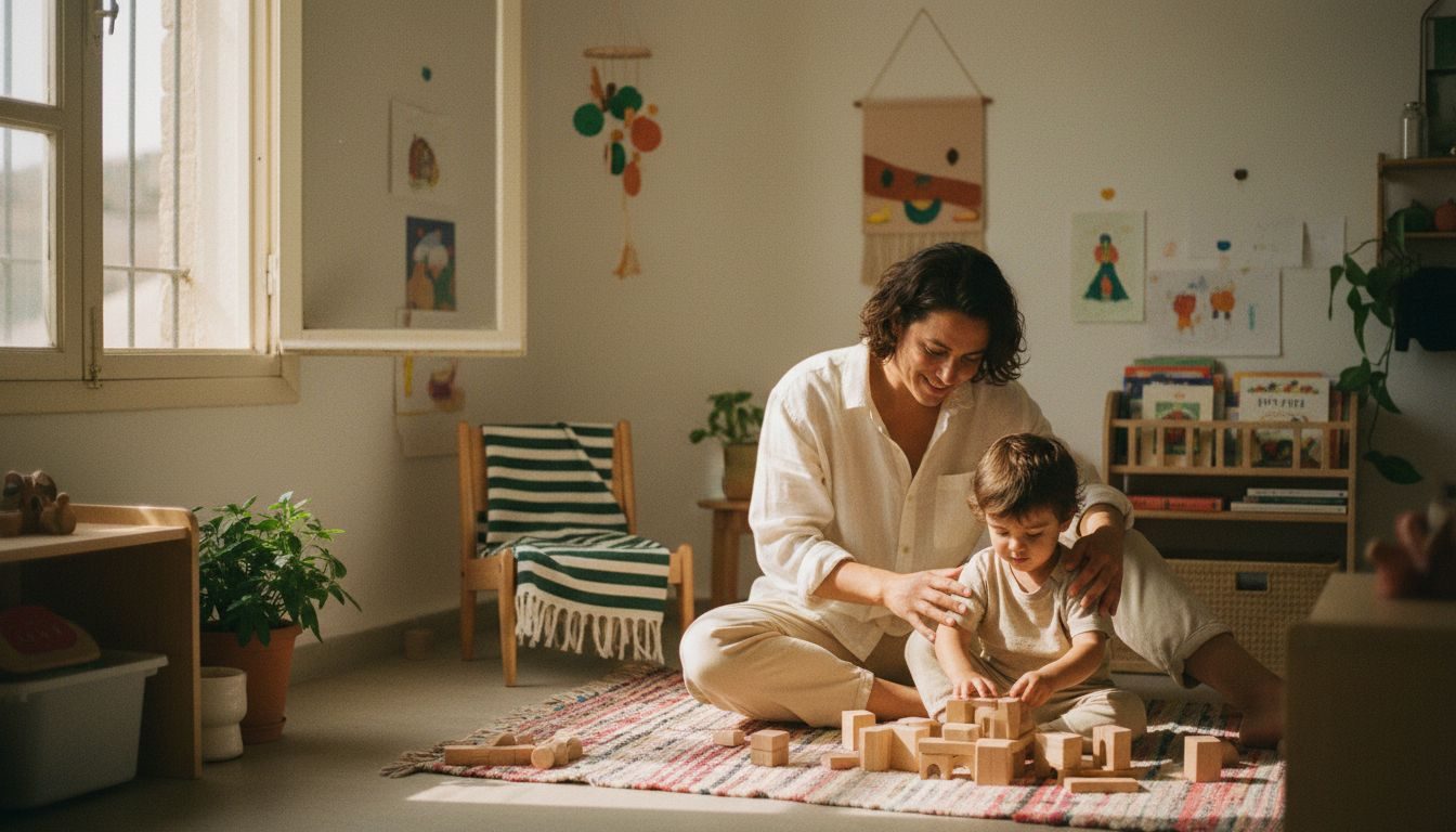 הורה יושב על הרצפה ליד ילד בחדר ילדים מואר, יד מונחת בעדינות על הגב, שמיכה ירוקה כהה מונחת ברקע.