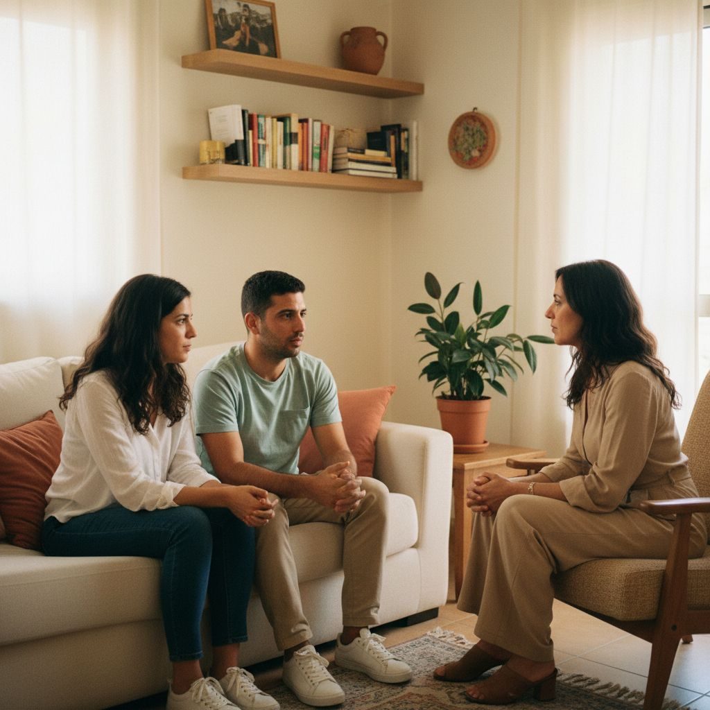זוג יושב מול מטפלת זוגית בקליניקה ביתית וחמימה, אור יום רך נכנס מהחלון