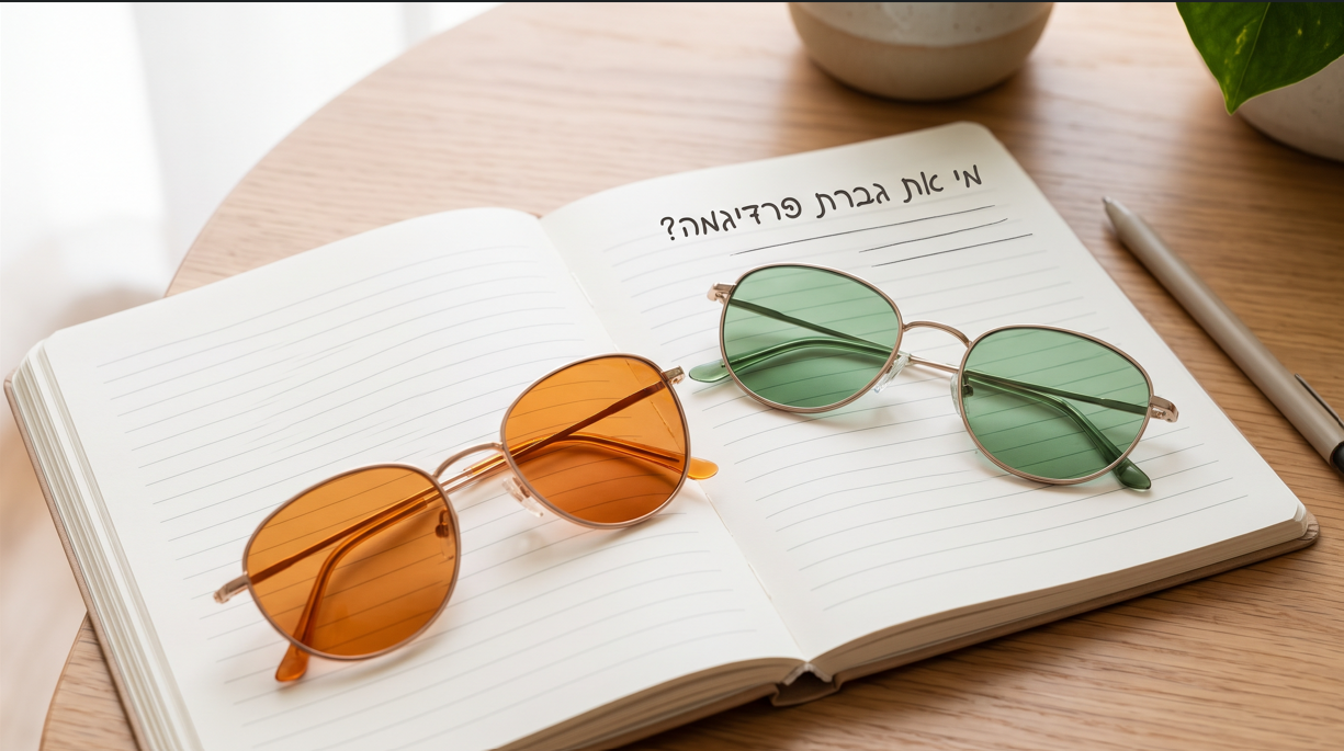 משקפיים בפילטרים שונים מונחות על מחברת עליה כתוב "מי את גברת פרדיגמה?"