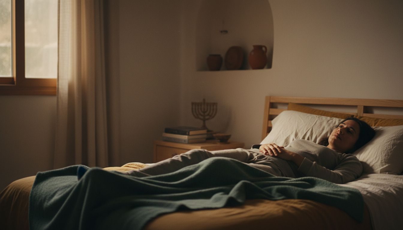 חדר שינה חשוך עם אור ירח רך הנכנס מהחלון. אדם שוכב ער במיטה ומביט בתקרה. שמיכה בצבע ירוק כהה מונחת על המיטה.