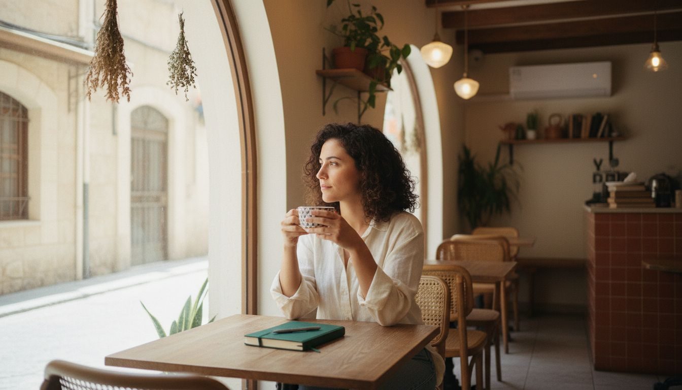 אדם יושב ליד חלון בבית קפה, מחזיק כוס קפה ומהרהר. על השולחן מונחים מחברת ירוקה ועט, ואור טבעי רך מאיר את הסצנה.
