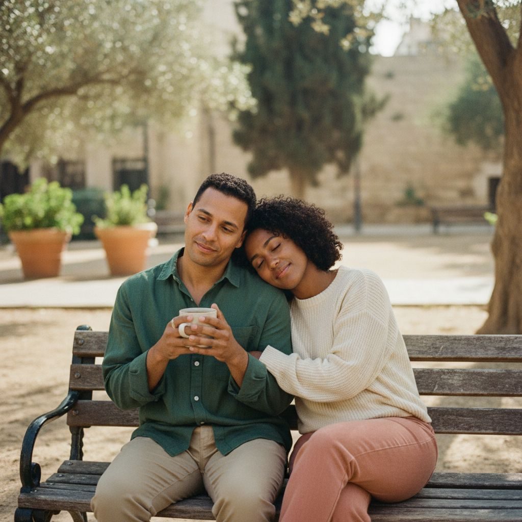 שני אנשים יושבים על ספסל בפארק, אחד מהם מחזיק כוס קפה, והשני נשען עליו בעדינות. אווירה של תמיכה שקטה ונוכחות.