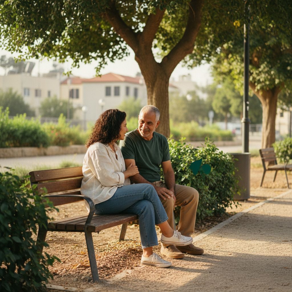 שני אנשים יושבים על ספסל עץ בפארק עירוני, משוחחים בשקט. אור טבעי חם מאיר את הסצנה, עם גוונים ירוקים וקרם.